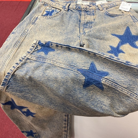 We The Free Blue Straight Jeans with Vintage Distressing and Star Appliqués - Picture 2 of 8